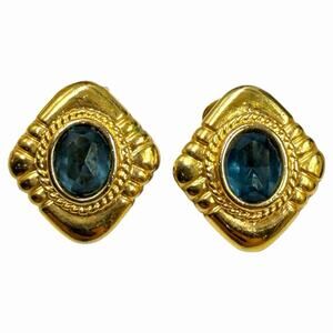 VTG 80s 90s ROMAN PETITE GOLD TONE BLUE RHINESTONE DIAMOND SHAPE CLIP EARRINGS
